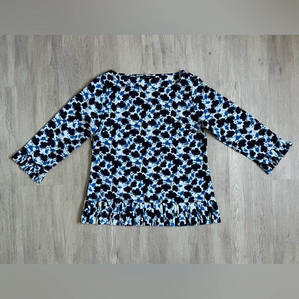 Banana Republic Floral Ruffle Black Blue and White Easy Care Blouse small